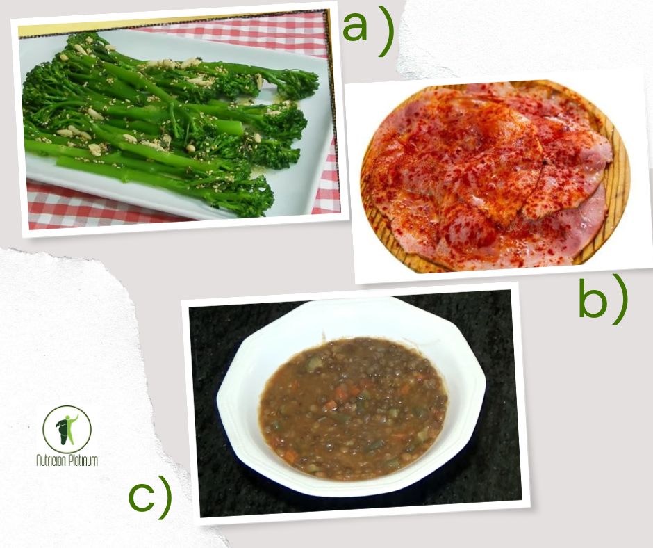 Bimi a la vinagreta acompañado de lacón con pimentón y lentejas viudas