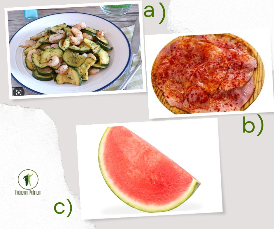 Salteado de calabacín con gambas acompañado de lacón con pimentón y  sandia