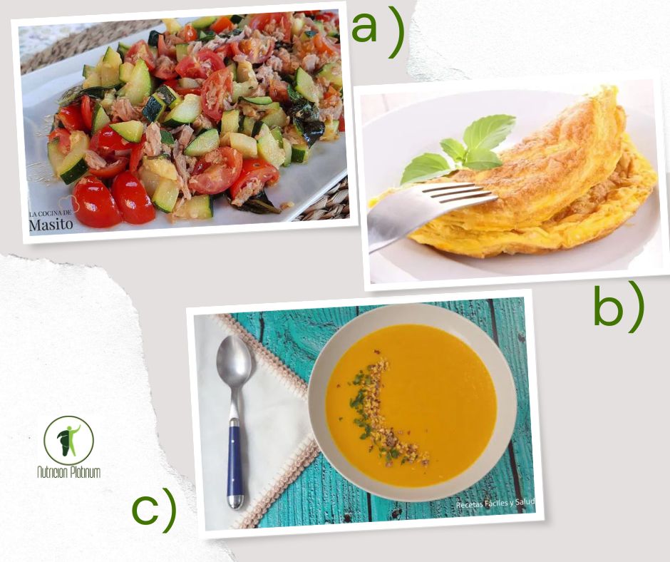 ENSALADA DE CALABACIN CON ATÚN ACOMPAÑADO DE TORTILLA CON ATÚN Y CREMA DE VERDURAS