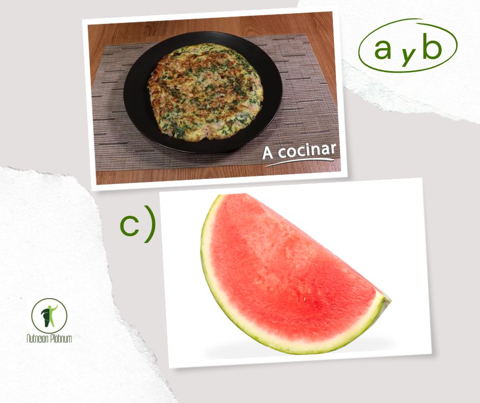 TORTILLA DE ESPINACAS Y JAMÓN SERRANO CON 1 TAJADA DE SANDIA TAMAÑO (PUÑO).