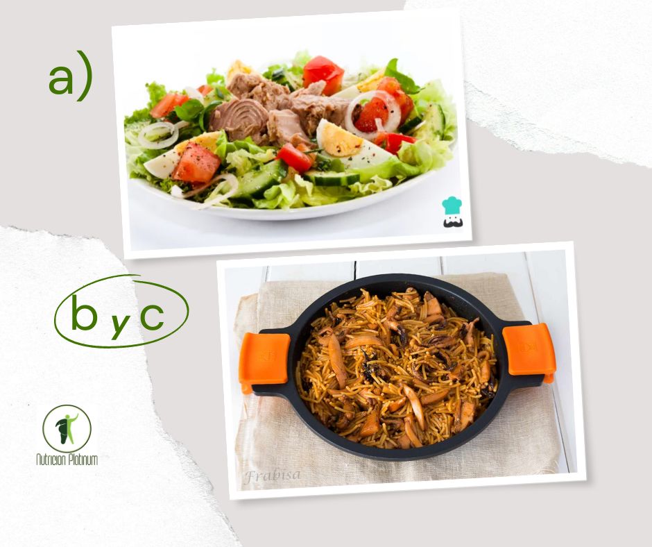 Ensalada de verduras variadas con fideos, choco y calamares