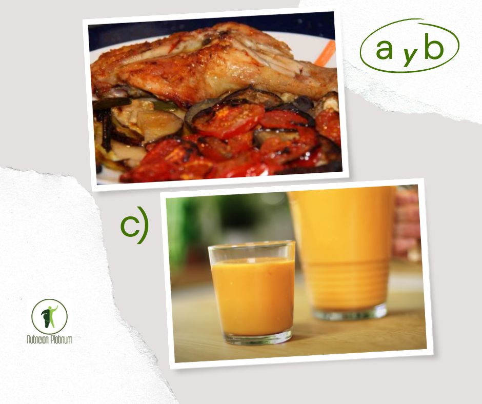 Pollo al horno con berenjenas y gazpacho andaluz.