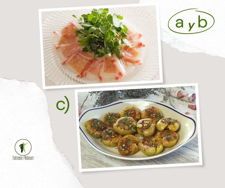 Carpaccio de dorada y jamón curado con rucula y patatas especiadas.