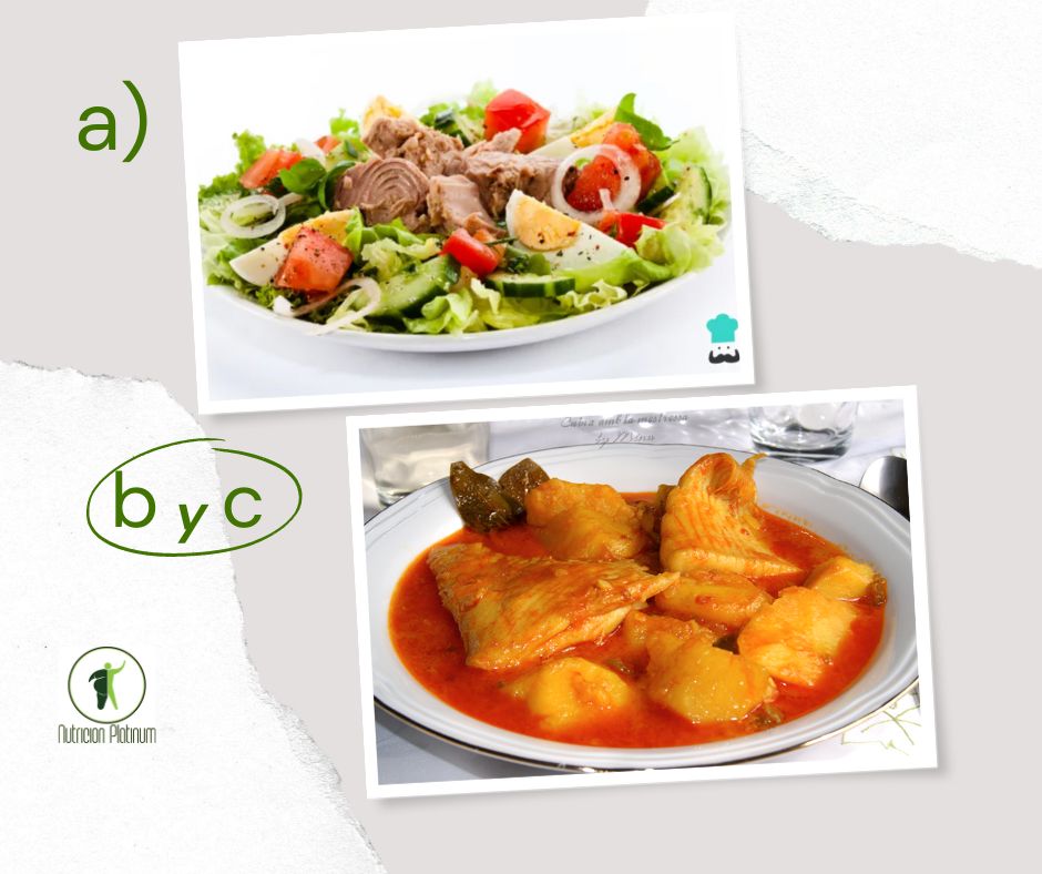 Ensalada de verduras variadas con guisillo de raya con patatas