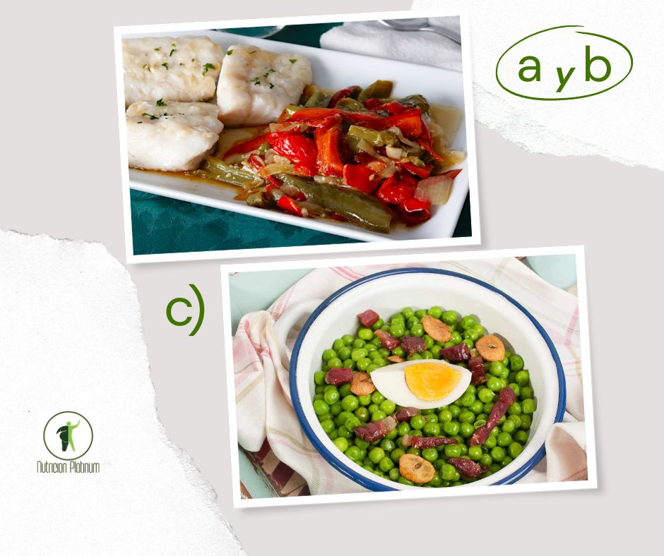 Bacalao al horno con pimientos con guisantes con jamón y huevo cocido.