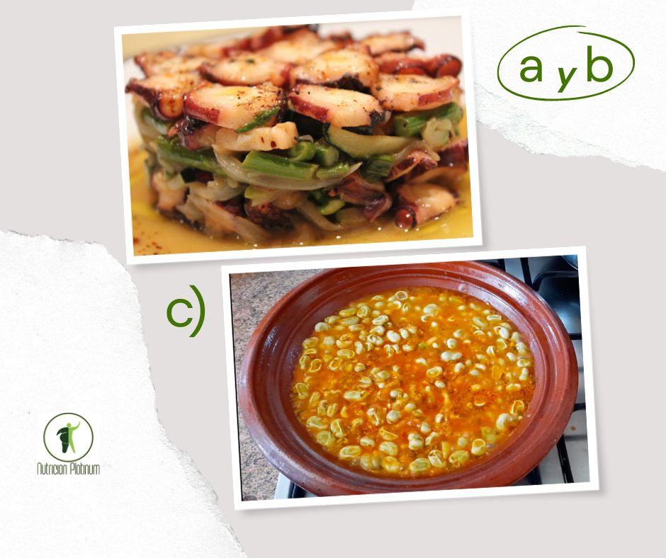 Pulpo salteado con verduras y habas con tomate.