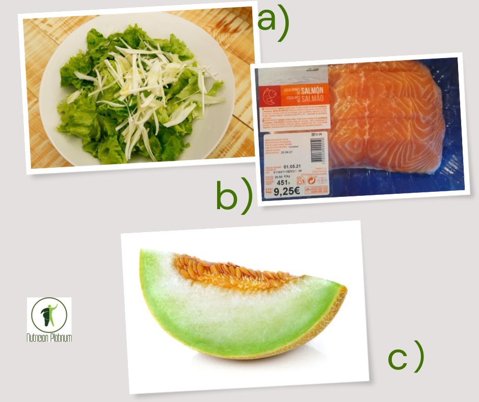 ENSALADA DE LECHUGA CON CEBOLLA ACOMPAÑADO DE SALMÓN A LA PLANCHA Y TAJADA DE MELÓN